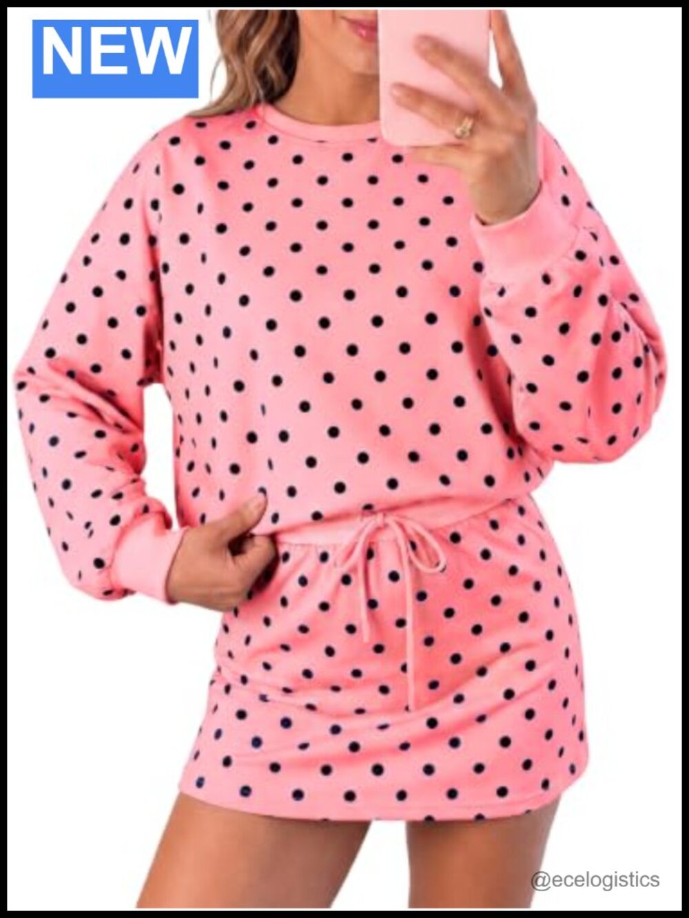 Women's 2 Piece Polka Dot Skirt Set with Built-In Shorts, Long Sleeve Top